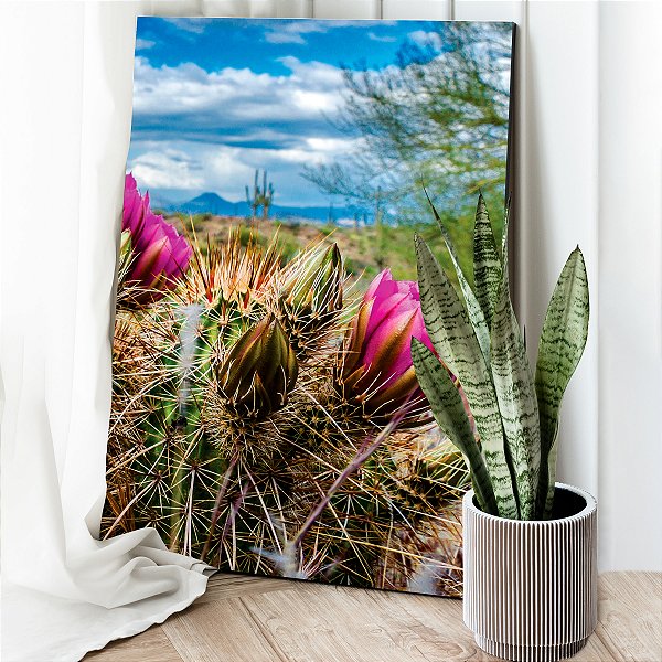 Quadro Decorativo Canvas Floral Cactos com Flor Rosa Vertical