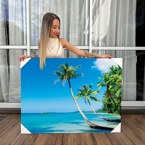 Quadro Decorativo Canvas Paisagem Litoral Oceano Praia com Coqueiros Horizontal