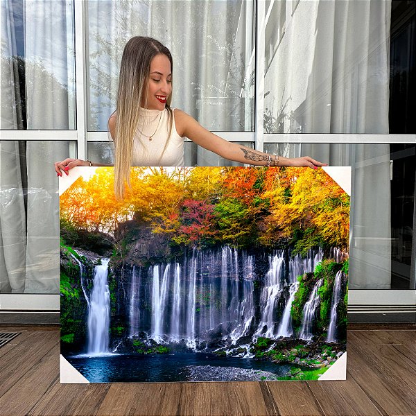 Quadro Decorativo Canvas Paisagem Cachoeira e Árvores com Folhas Coloridas