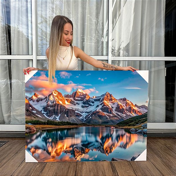 Quadro Decorativo Canvas Paisagem Montanhas ao Por do Sol e Reflexo no Lago