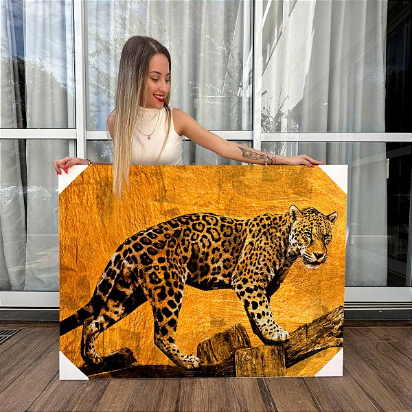 Quadro Decorativo Canvas Animais Onça Pintada em Tronco Horizontal