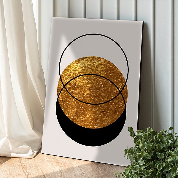 Quadro Decorativo Canvas Abstrato Círculos Dourado e Preto Fundo Branco Vertical