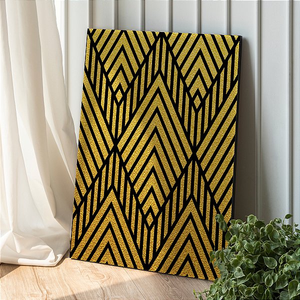 Quadro Decorativo Canvas Abstrato Padrão Losangos Preto e Dourado Vertical