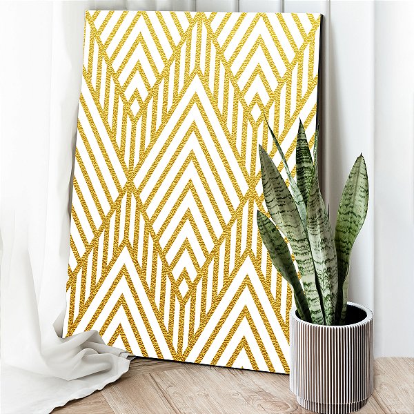Quadro Decorativo Canvas Abstrato Padrão Losangos Branco e Dourado Vertical