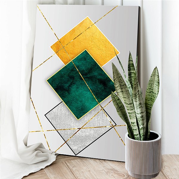 Quadro Decorativo Canvas Abstrato Losangos Coloridos e Linhas Douradas Vertical