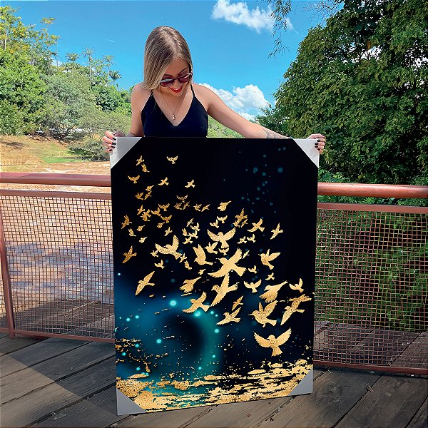Quadro Decorativo Canvas Abstrato Moderno Estilo Nórdico com Pássaros Dourados Vertical