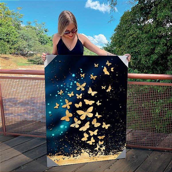 Quadro Decorativo Canvas Abstrato Estilo Nórdico com Borboletas Douradas em Círculo Vertical