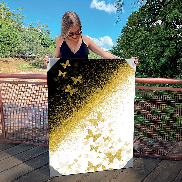 Quadro Decorativo Canvas Abstrato Com Borboletas Douradas e Fundo Preto e Branco Vertical