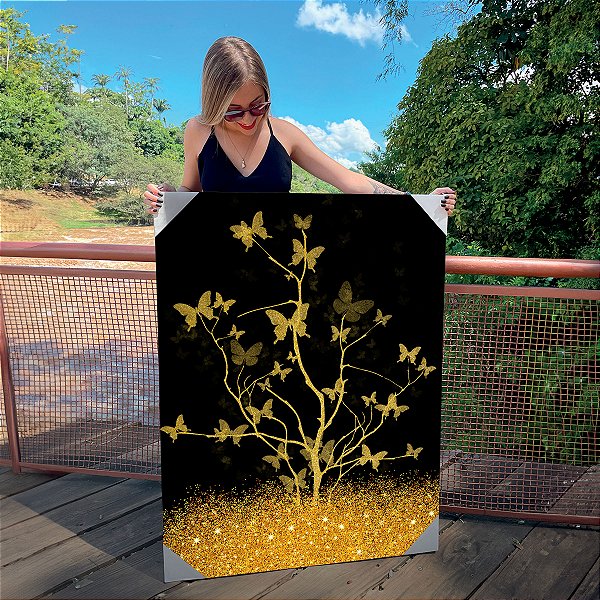 Quadro Decorativo Canvas Abstrato Estilo Nórdico Borboletas Douradas e Fundo Preto Vertical