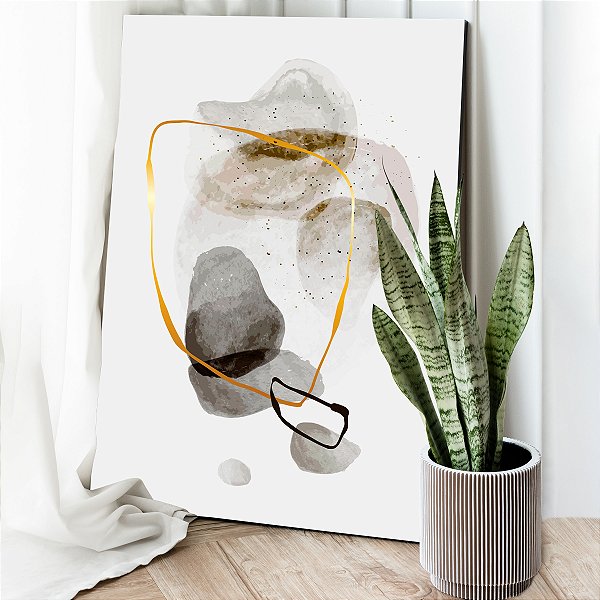 Quadro Decorativo Canvas Formas Abstratas Cinza Linhas Dourada e Preta Vertical