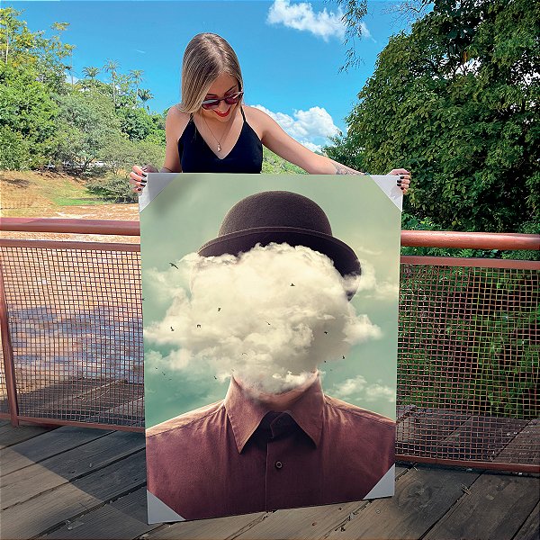 Quadro Decorativo Canvas Surrealismo Homem com Cabeça nas Nuvens Vertical