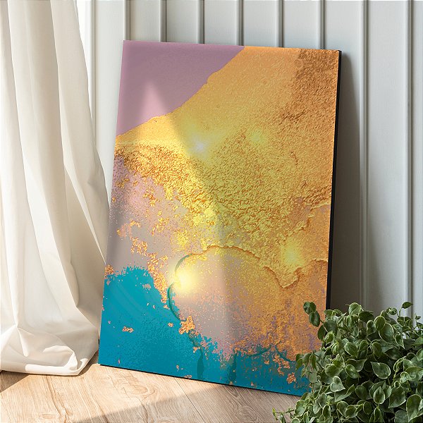 Quadro Decorativo Canvas Pintura Abstrata Cores Frias Dourado e Pontos Luminosos Vertical