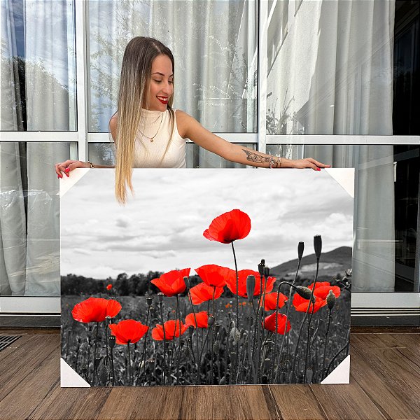 Quadro Decorativo Canvas Flores Vermelhas em Paisagem Preta e Branca Horizontal