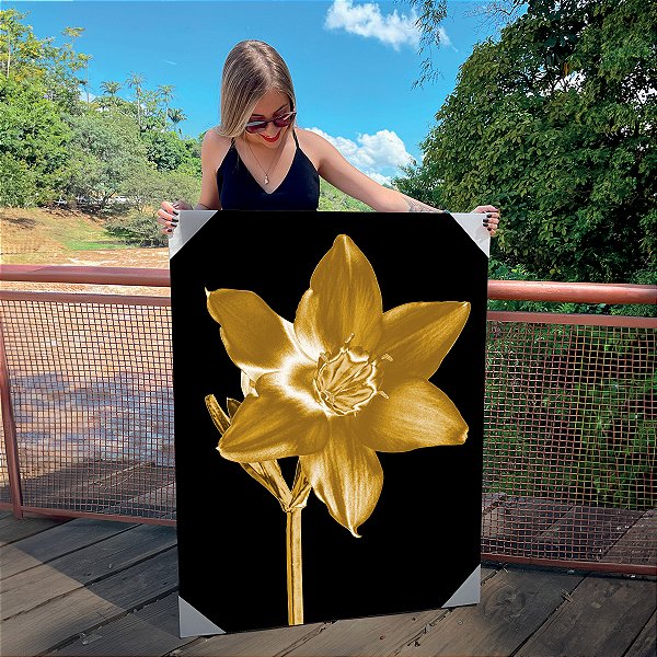 Quadro Decorativo Canvas Floral Flor de Narciso Dourada Golden Vertical