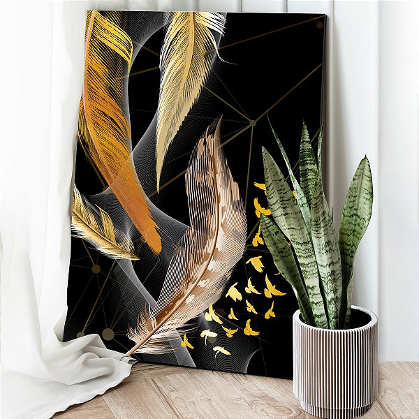 Quadro Decorativo Canvas Penas Abstratas e Pássaros Dourados Vertical