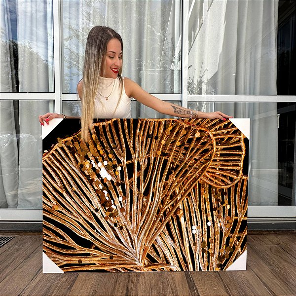 Quadro Decorativo Canvas Asbtrato Moderno de Folhas Douradas Elegantes Horizontal