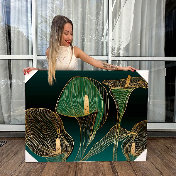 Quadro Decorativo Canvas Composição Abstrata de Flores Copo de Leite Verdes Horizontal