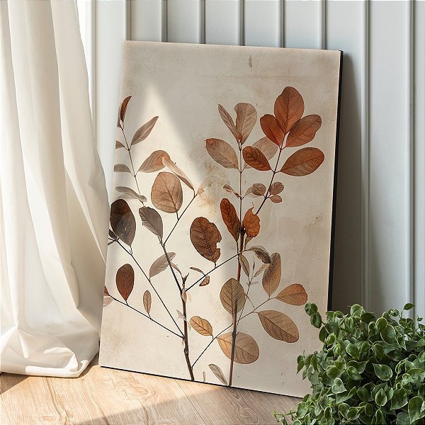 Quadro Decorativo Canvas Ramos Folhas em Tons Terrosos Vertical
