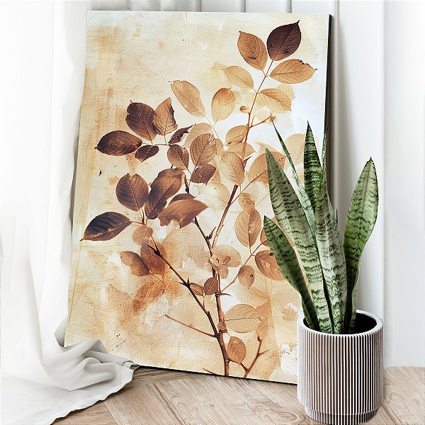 Quadro Decorativo Canvas Ramos Folhas em Tons Terrosos Vertical