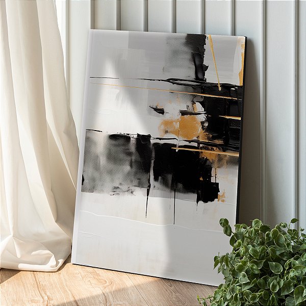 Quadro Decorativo Canvas Abstrato Pintura Preto e Branco com Detalhes Dourados Vertical