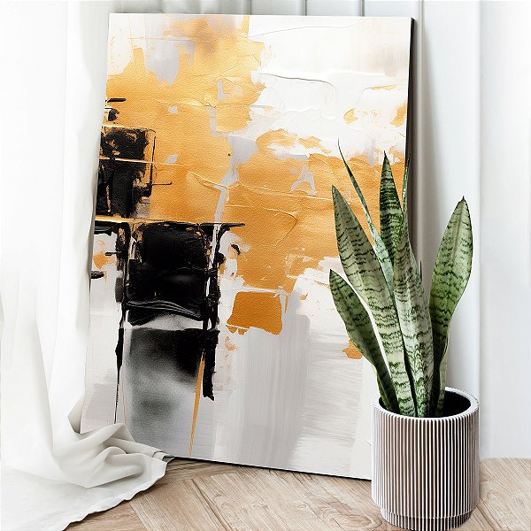 Quadro Decorativo Canvas Abstrato Pintura Preto e Branco com Detalhes Dourados Vertical
