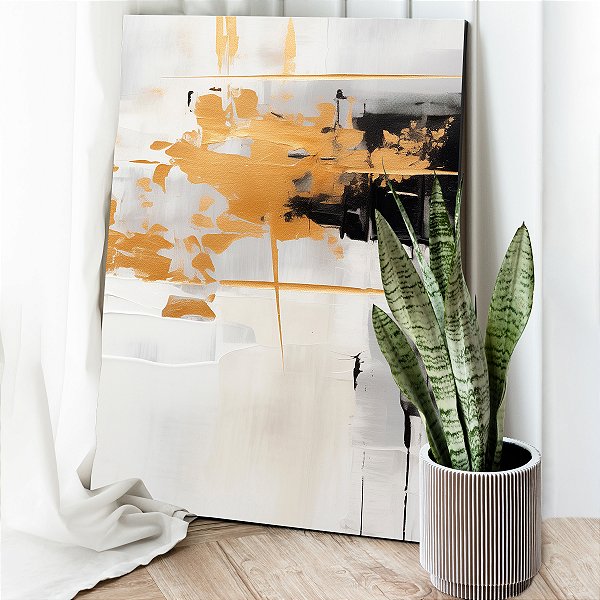 Quadro Decorativo Canvas Abstrato Pintura Preto e Branco com Detalhes Dourados Vertical