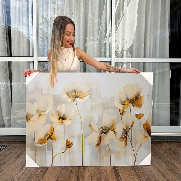 Quadro Decorativo Canvas Pintura Flores Douradas Horizontal