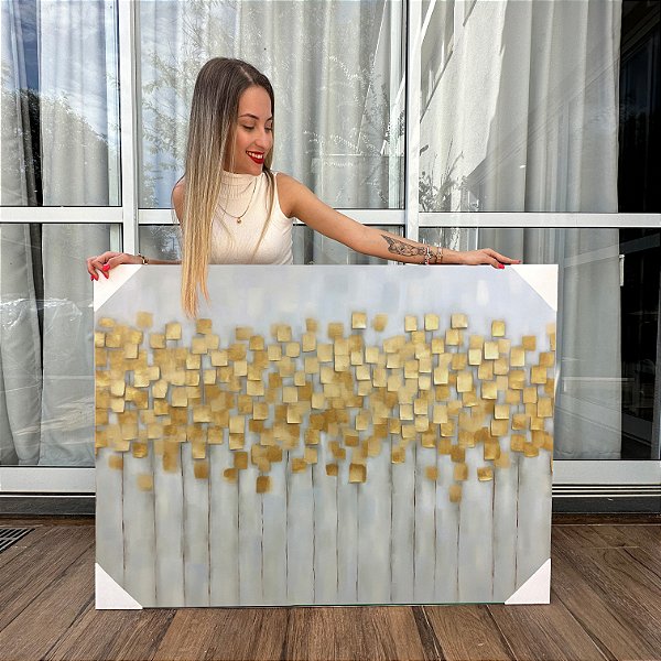 Quadro Decorativo Canvas Abstrato Pintura Quadrados Dourados Horizontal