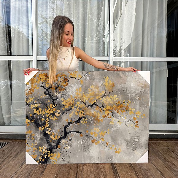 Quadro Decorativo Canvas Pintura Árvore Folhas Amarelas Ipê Horizontal