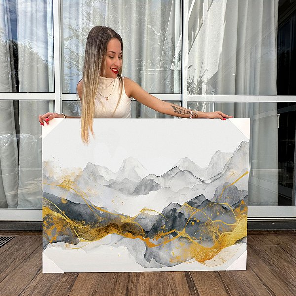 Quadro Decorativo Canvas Abstrato Pintura Tons de Cinza e Dourado Horizontal