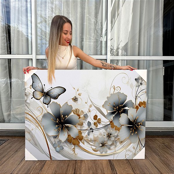 Quadro Decorativo Canvas Composição Flores e Borboleta Azuis Detalhes Dourados Horizontal