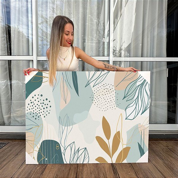 Quadro Decorativo Canvas Folhagem Abstrata em Tons Verde e Laranja Horizontal