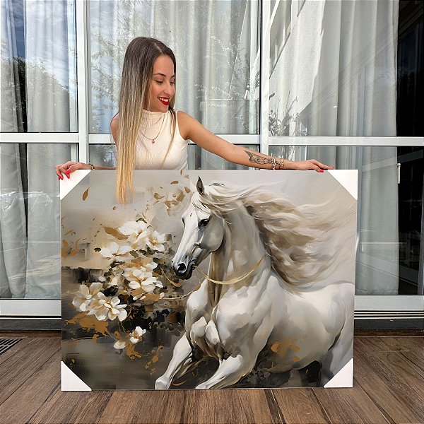 Quadro Decorativo Canvas Animais Pintura Cavalo Branco Detalhes Dourados Horizontal