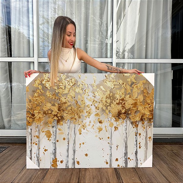 Quadro Decorativo Canvas Pintura Árvore Vidoeiro Branco Folhas Douradas Horizontal