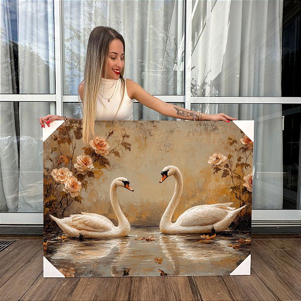 Quadro Decorativo Canvas Animais Pintura Casal de Cisnes com Rosas Horizontal