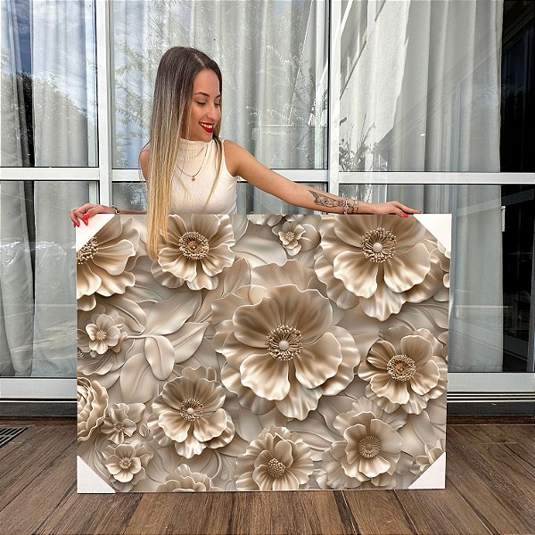 Quadro Decorativo Canvas Composição Floral Tons de Bege Horizontal