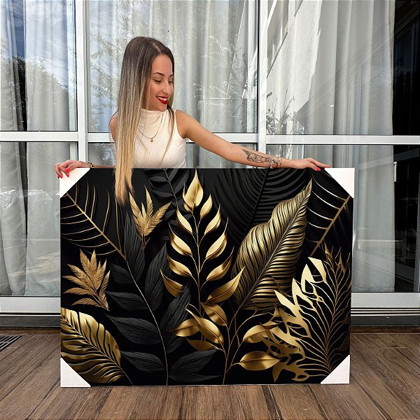 Quadro Decorativo Canvas Folhagem Preta e Dourada Fundo Preto Horizontal