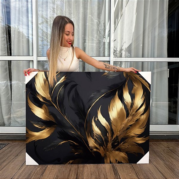 Quadro Decorativo Canvas Folhagem Dourada e Preta Horizontal