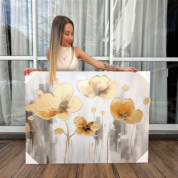 Quadro Decorativo Canvas Pintura Floral Papoulas Douradas Horizontal