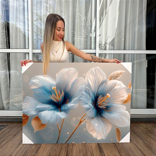 Quadro Decorativo Canvas Par de Flores Azuis e Folhas Douradas Horizontal