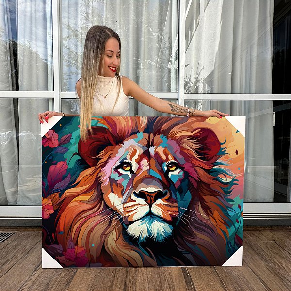 Quadro Decorativo Canvas Animais Pintura Colorida Leão com Flores Horizontal