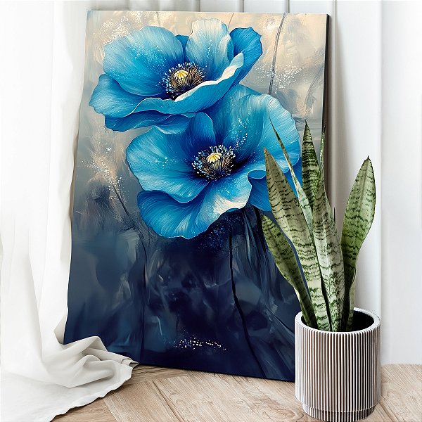 Quadro Decorativo Canvas Floral Pintura Par Papoulas Azuis Vertical