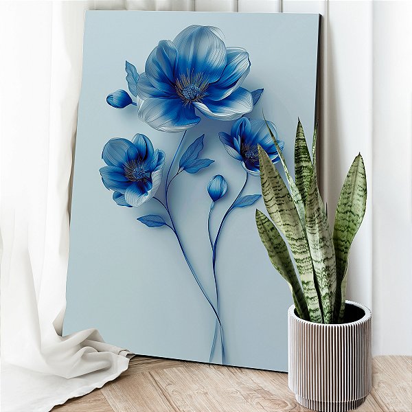 Quadro Decorativo Canvas Floral Papoulas Azuis Fundo Claro Vertical