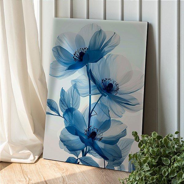 Quadro Decorativo Canvas Flores e Folhas Azuis Pétalas Finas Vertical