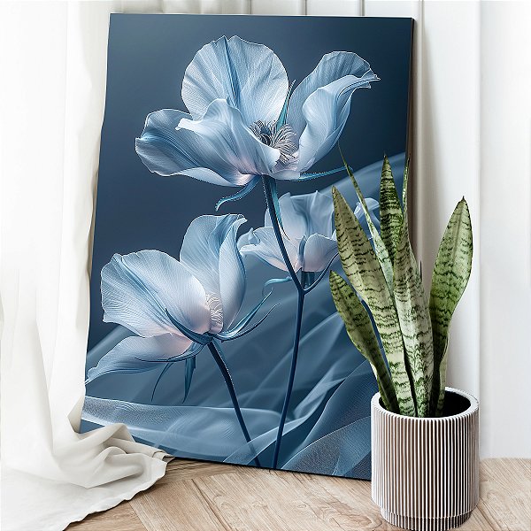 Quadro Decorativo Canvas Trio de Flores Azuis Pétalas Claras Vertical