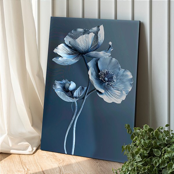 Quadro Decorativo Canvas Floral Papoulas Azuis Fundo Escuro Vertical
