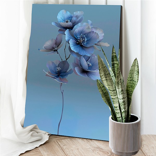 Quadro Decorativo Canvas Floral Grupo de Papoulas Azuis Vertical