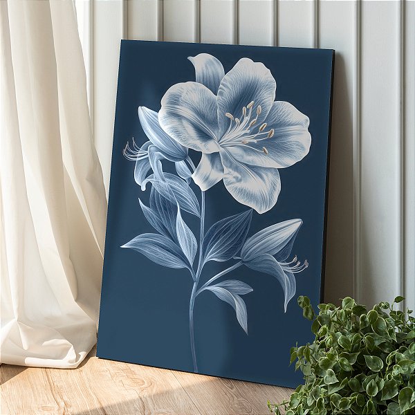 Quadro Decorativo Canvas Flor em Tons de Azul Fundo Escuro Vertical