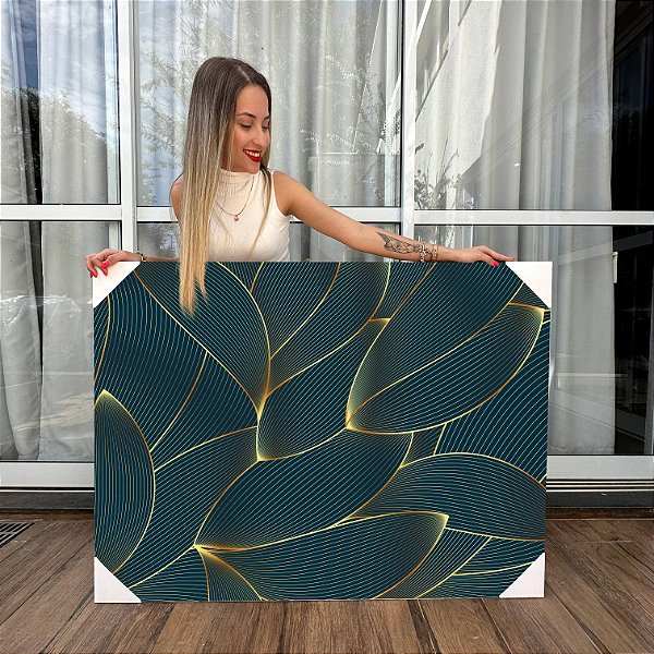 Quadro Decorativo Canvas Folhas Verde Escuro Traços Dourados Horizontal