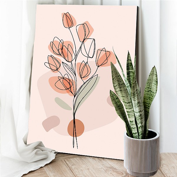 Quadro Decorativo Canvas Tulipas Traços Minimalistas e Tons Terrosos Vertical